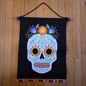 Colorful Skull Wall Hanging Decor 14"X18" Fabric And Wood